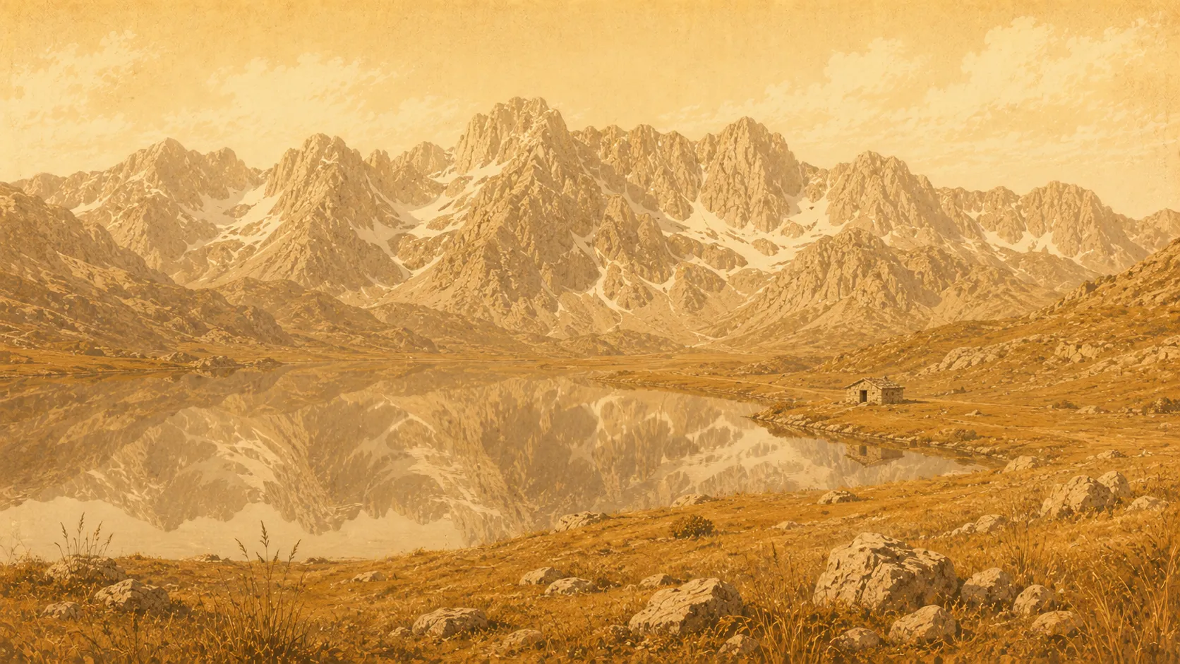 A dramatic limestone alpine ridge streaked with late snow above a still mountain lake.
