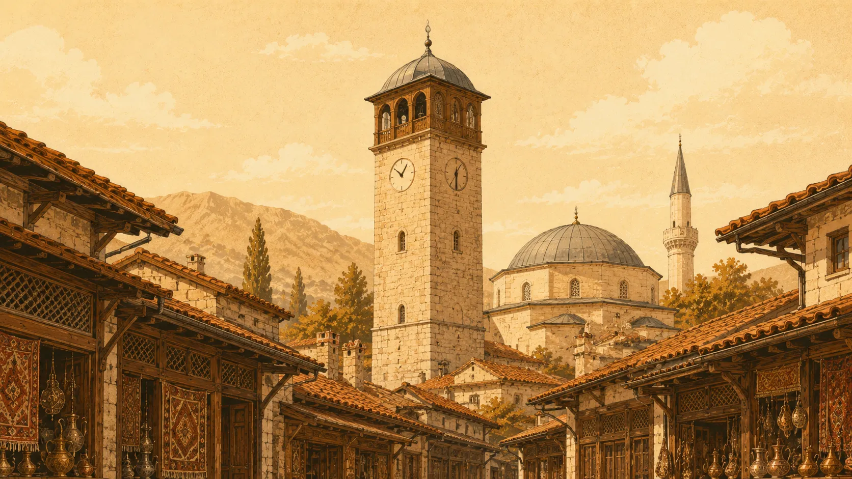 A tall, square dressed-stone Ottoman clock tower with a wooden belfry and lead cap, rising above the bazaar rooftops beside a mosque dome.