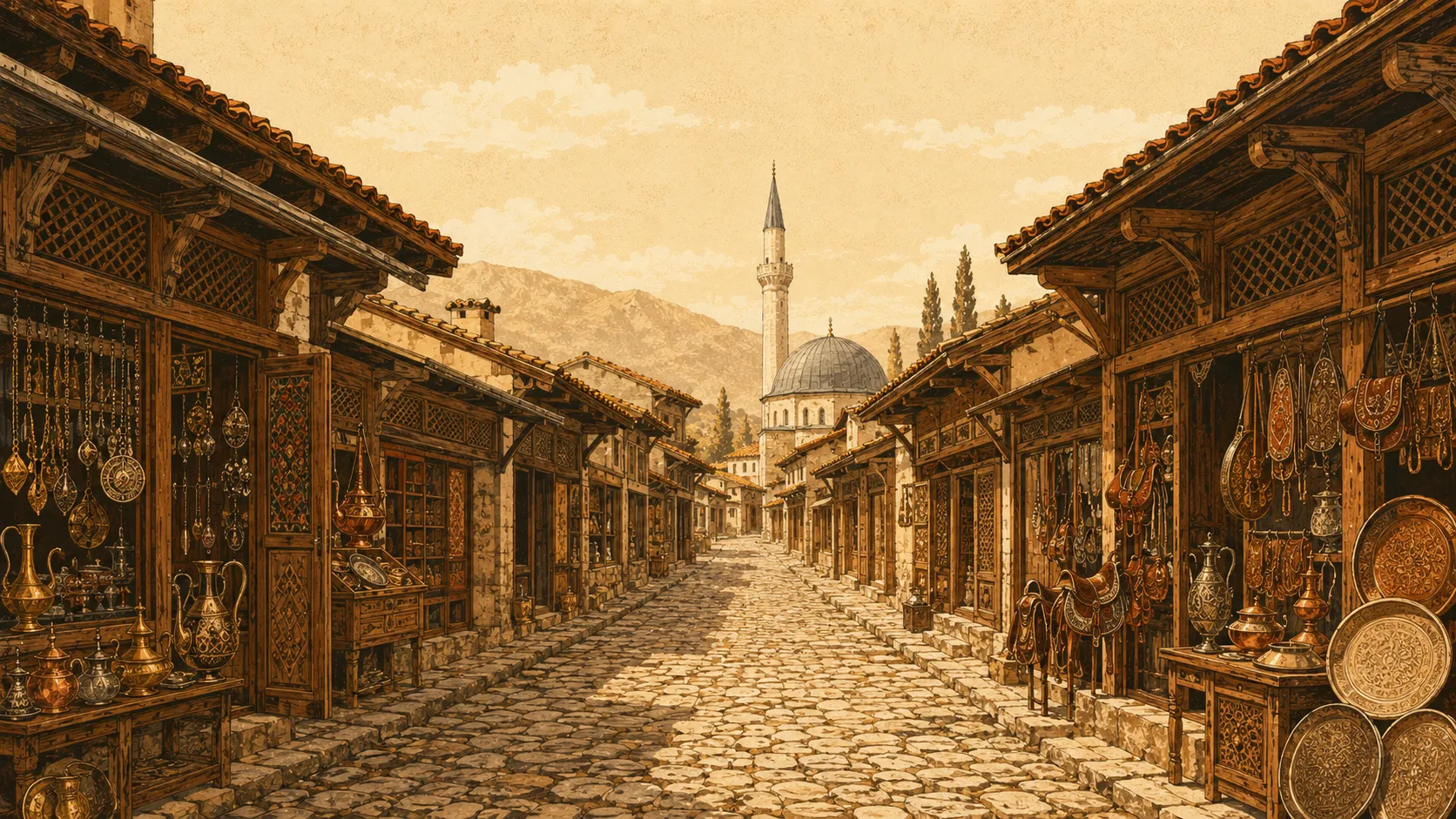 A long cobbled bazaar arcade of low timber-fronted craftsmen's shops receding into the distance, with a mosque dome and minaret at the far end.