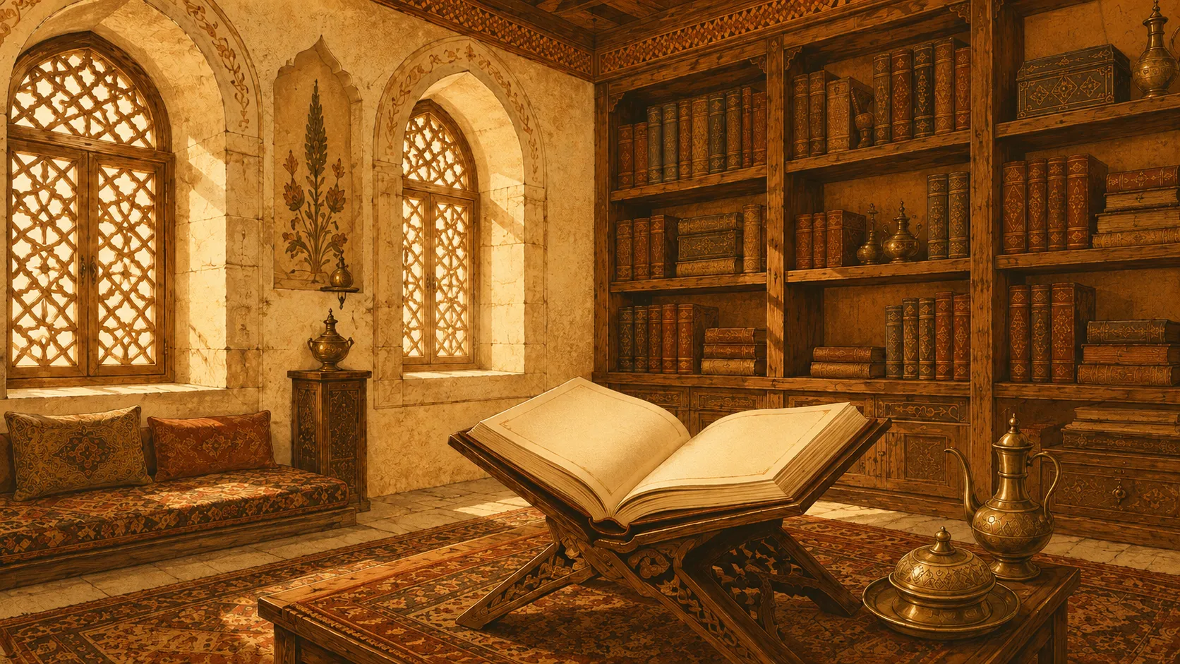 A warm Ottoman library interior — arched windows with wooden lattice grilles, shelves of bound manuscripts, and an open Qur'an on a carved reading-stand.
