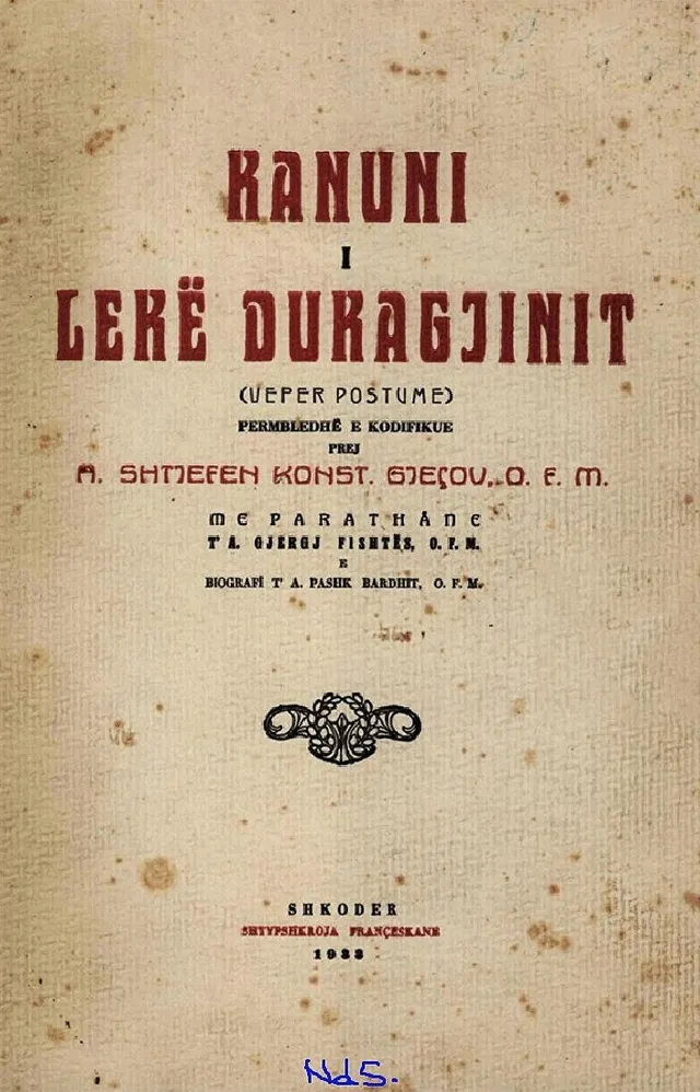 The red title page of the 1933 printed edition of the Code of Lekë Dukagjini.