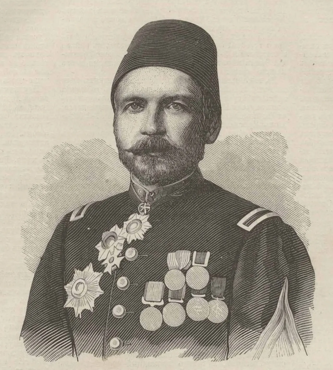 An 1877 engraving of Mehmed Ali Pasha in an Ottoman fez and medals.
