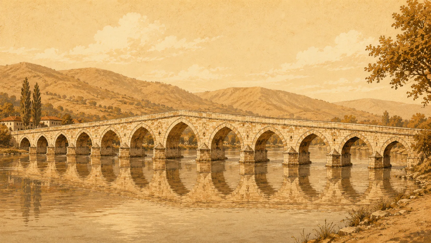 A long, low Ottoman stone bridge of many arches in two-tone stone, mirrored in a calm river below soft hills.